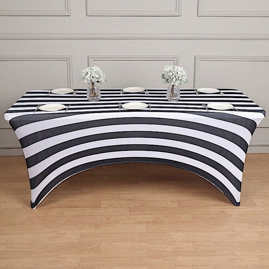 8 ft Black and White Striped Fitted Premium Spandex Rectangular Tablecloth