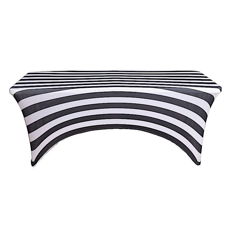 8 ft Black and White Striped Fitted Premium Spandex Rectangular Tablecloth