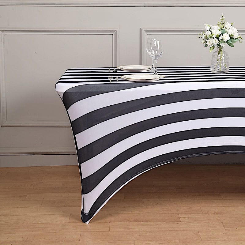 8 ft Black and White Striped Fitted Premium Spandex Rectangular Tablecloth