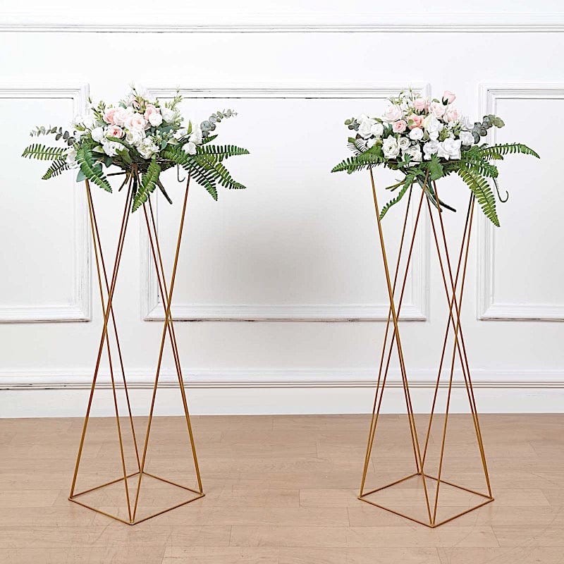 2 Gold 32 in Crisscross Geometric Metal Flower Stands Centerpieces