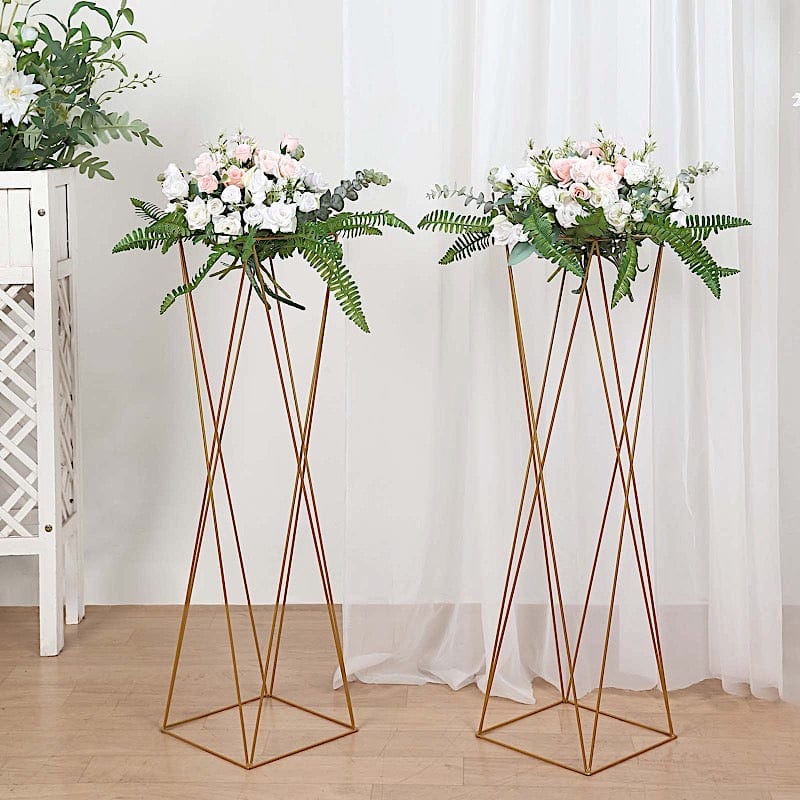 2 Gold 32 in Crisscross Geometric Metal Flower Stands Centerpieces
