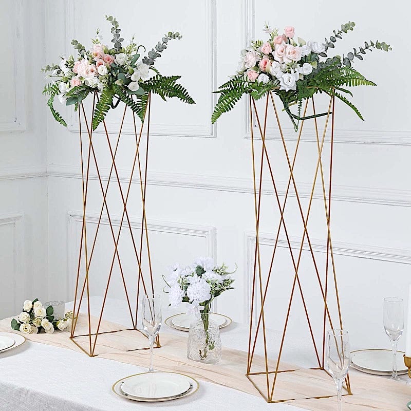 2 Gold 32 in Crisscross Geometric Metal Flower Stands Centerpieces