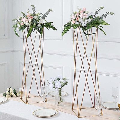 2 Gold 32 in Crisscross Geometric Metal Flower Stands Centerpieces