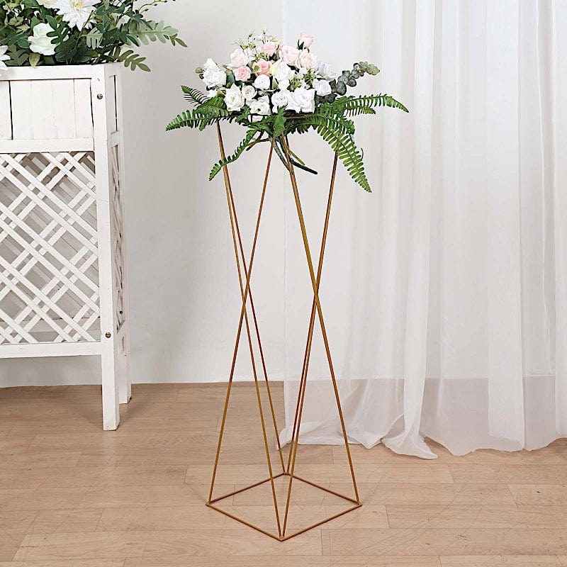 2 Gold 32 in Crisscross Geometric Metal Flower Stands Centerpieces