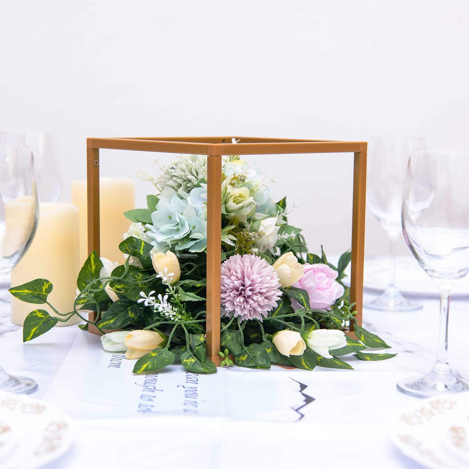 2 pcs Gold Matte Metal Geometric Square Stands Flower Vase Holders