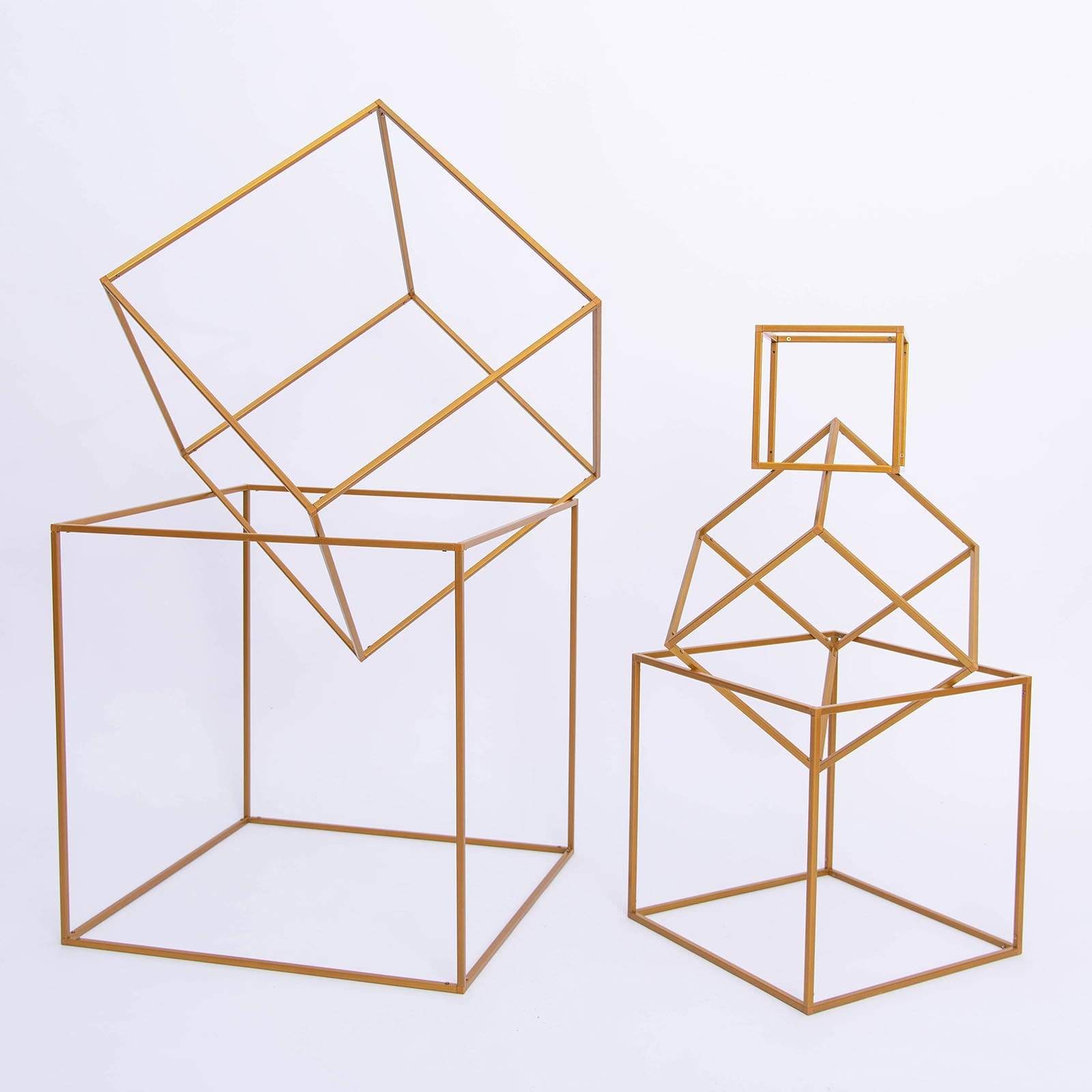2 pcs Gold Matte Metal Geometric Square Stands Flower Vase Holders