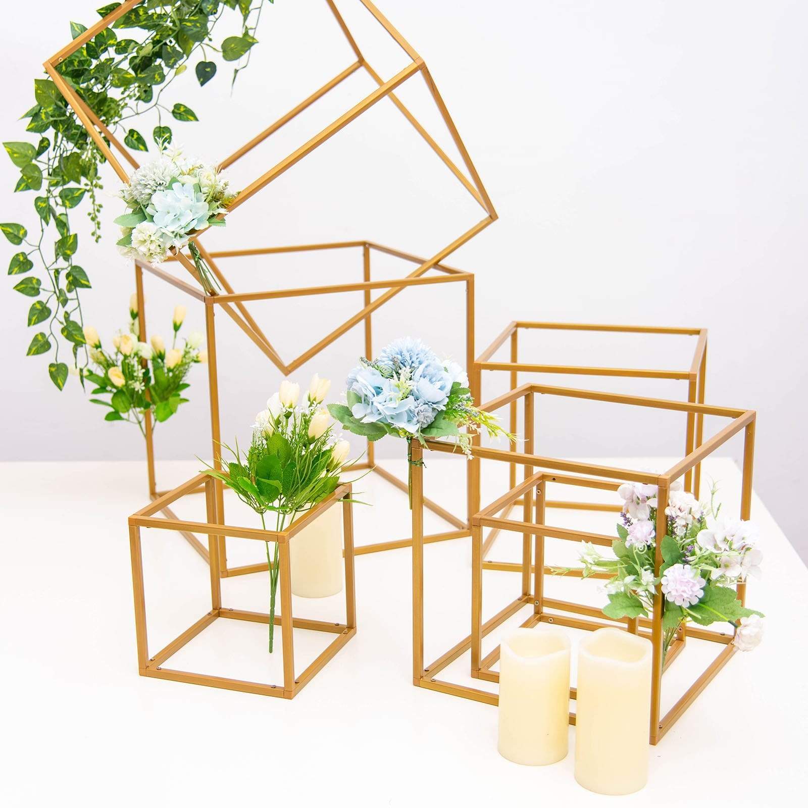 2 pcs Gold Matte Metal Geometric Square Stands Flower Vase Holders