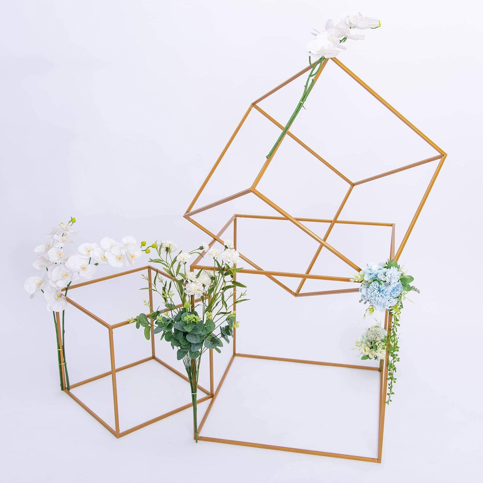 2 pcs Gold Matte Metal Geometric Square Stands Flower Vase Holders