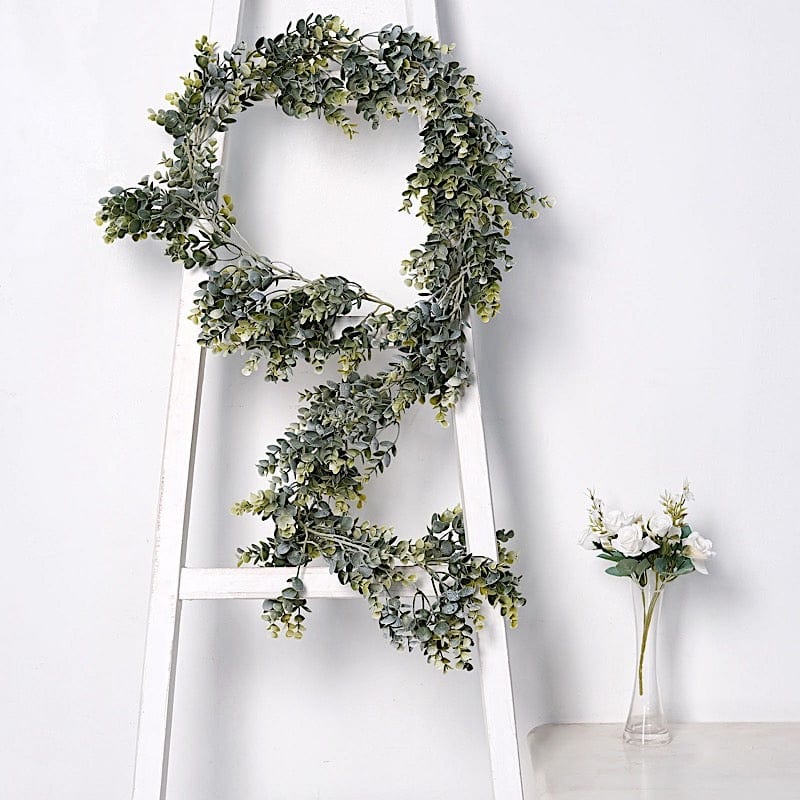 6 ft Frosted Green Artificial Eucalyptus Leaves Faux Vine Greenery Garland