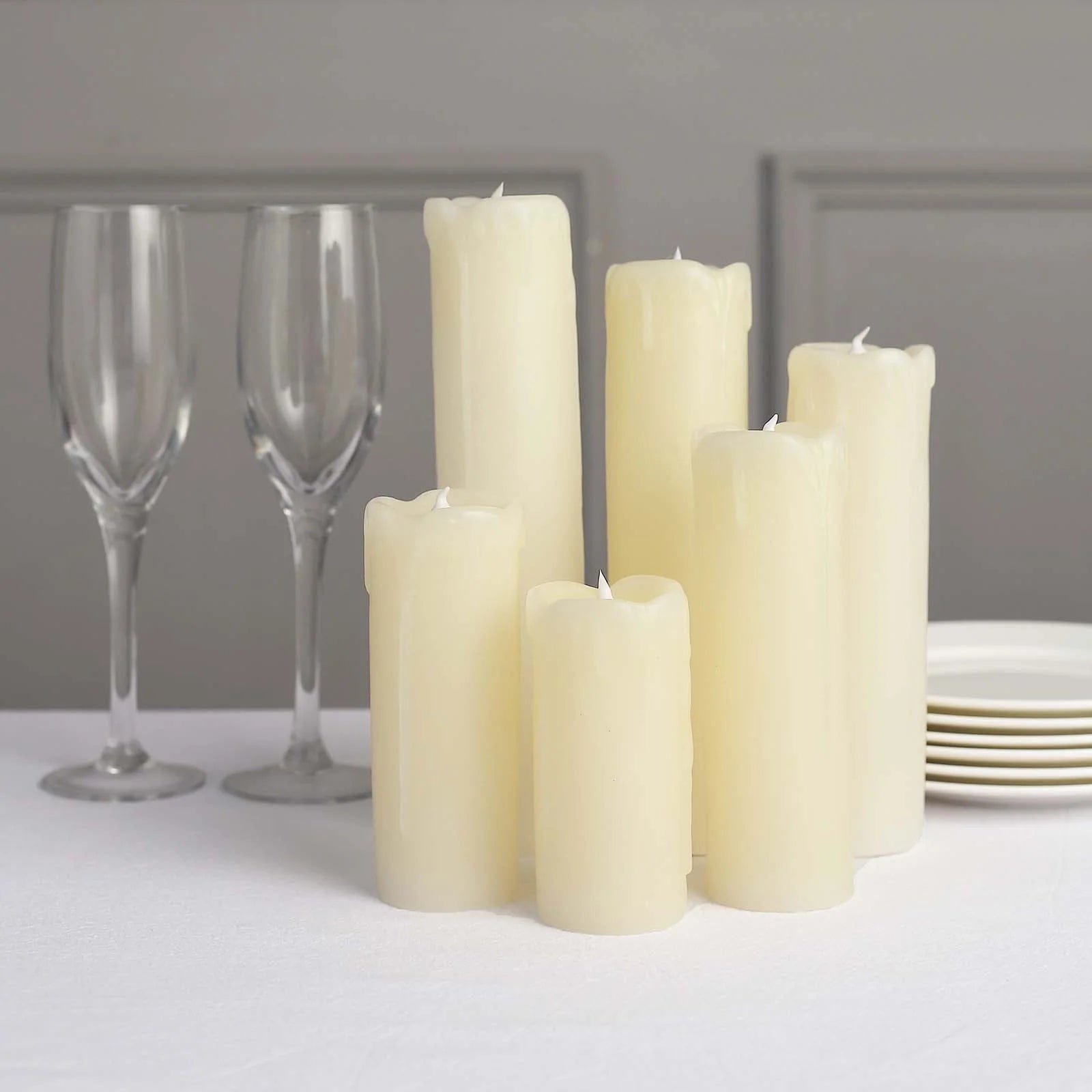 6 LED Warm White Pillar Candles Dripping Wax Design Battery Operated Lights