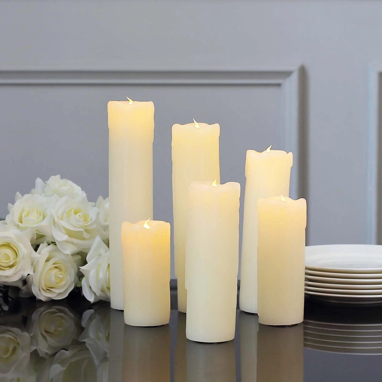 6 LED Warm White Pillar Candles Dripping Wax Design Battery Operated Lights