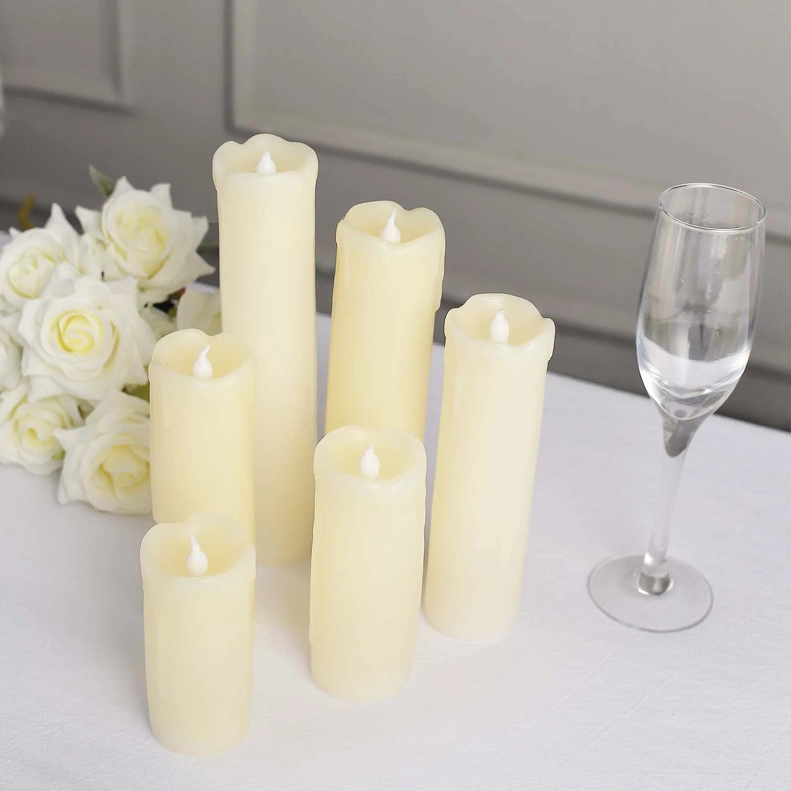 6 LED Warm White Pillar Candles Dripping Wax Design Battery Operated Lights