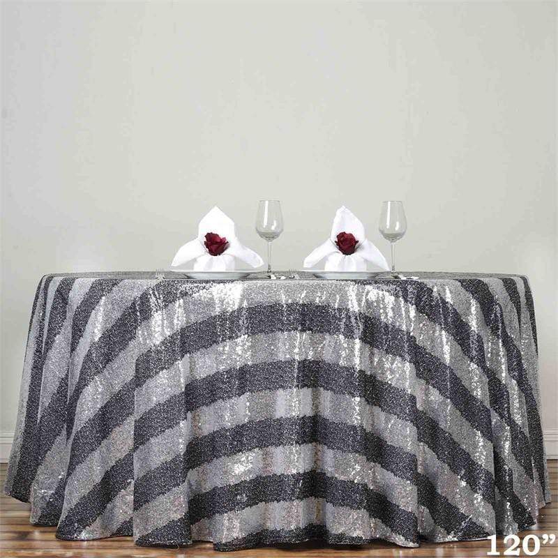 120 inch Black and Silver Sequin Stripes Round Tablecloth
