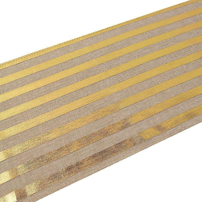 12x108 in Taupe and Gold Striped Faux Burlap Table Runner
