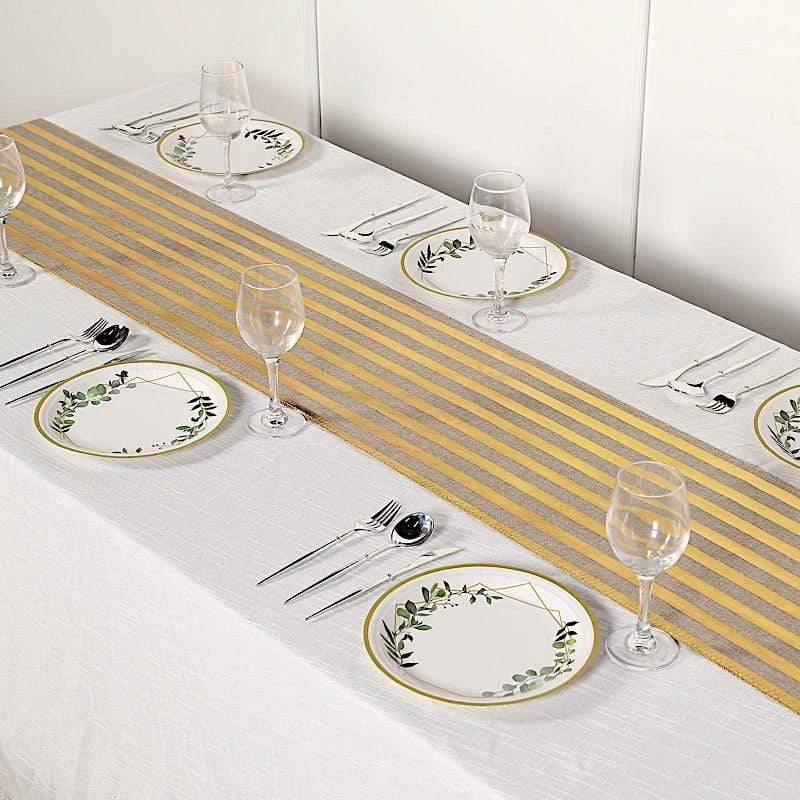 12x108 in Taupe and Gold Striped Faux Burlap Table Runner