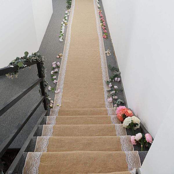 30 feet Natural Brown Burlap Aisle Runner with Lace