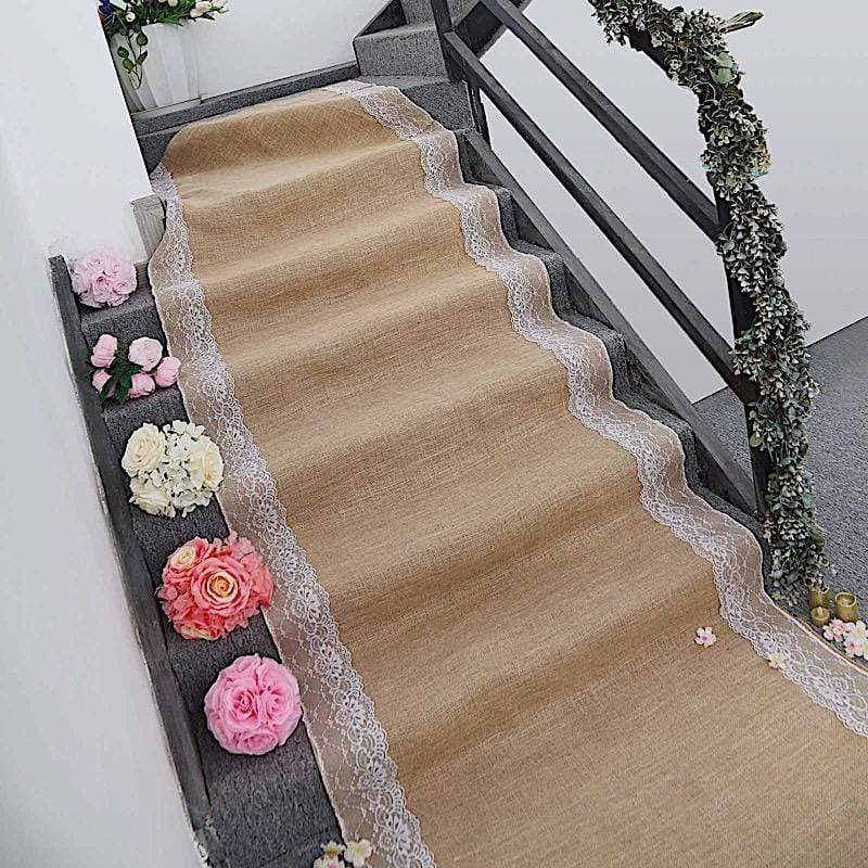 30 feet Natural Brown Burlap Aisle Runner with Lace