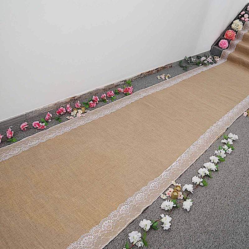 30 feet Natural Brown Burlap Aisle Runner with Lace