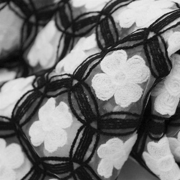 54 inch x 4 yards Black White Knit Flowers on Tulle Fabric Bolt
