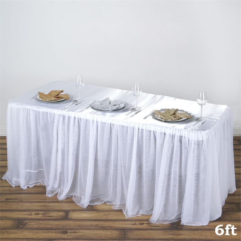 6 feet White Satin Fitted Rectangular Tablecloth with 3 Layers Tulle