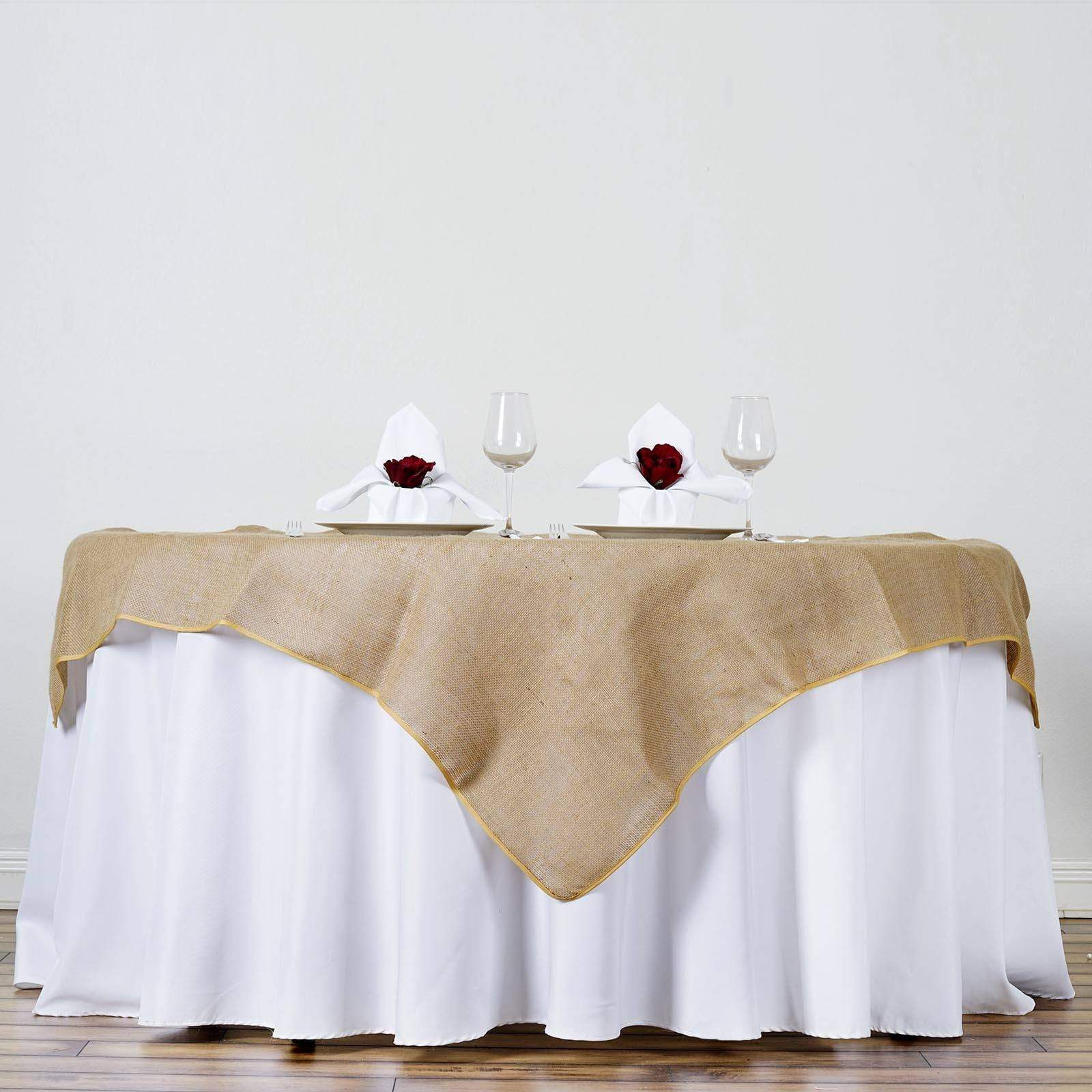 60 inch Natural Brown Burlap Square Table Overlay