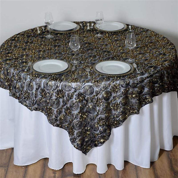 72 inch Black Gold Raised Roses Square Lace Table Overlay