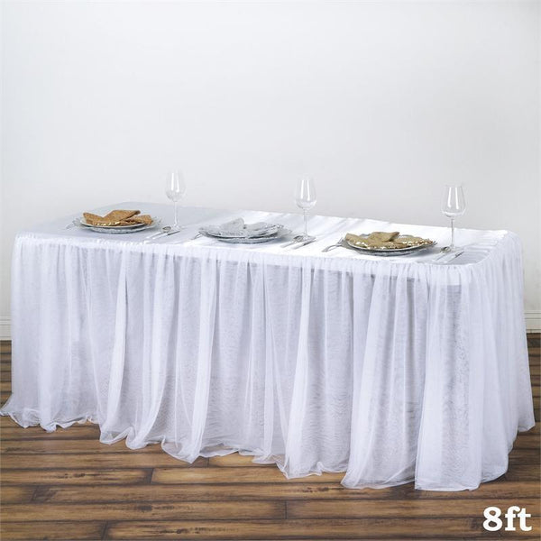 8 feet White Satin Fitted Rectangular Tablecloth with 3 Layers Tulle