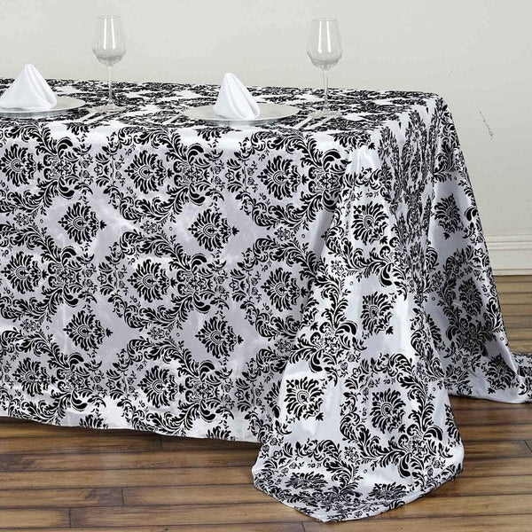 90" x 132" Black Flocking Damask Rectangular Tablecloth