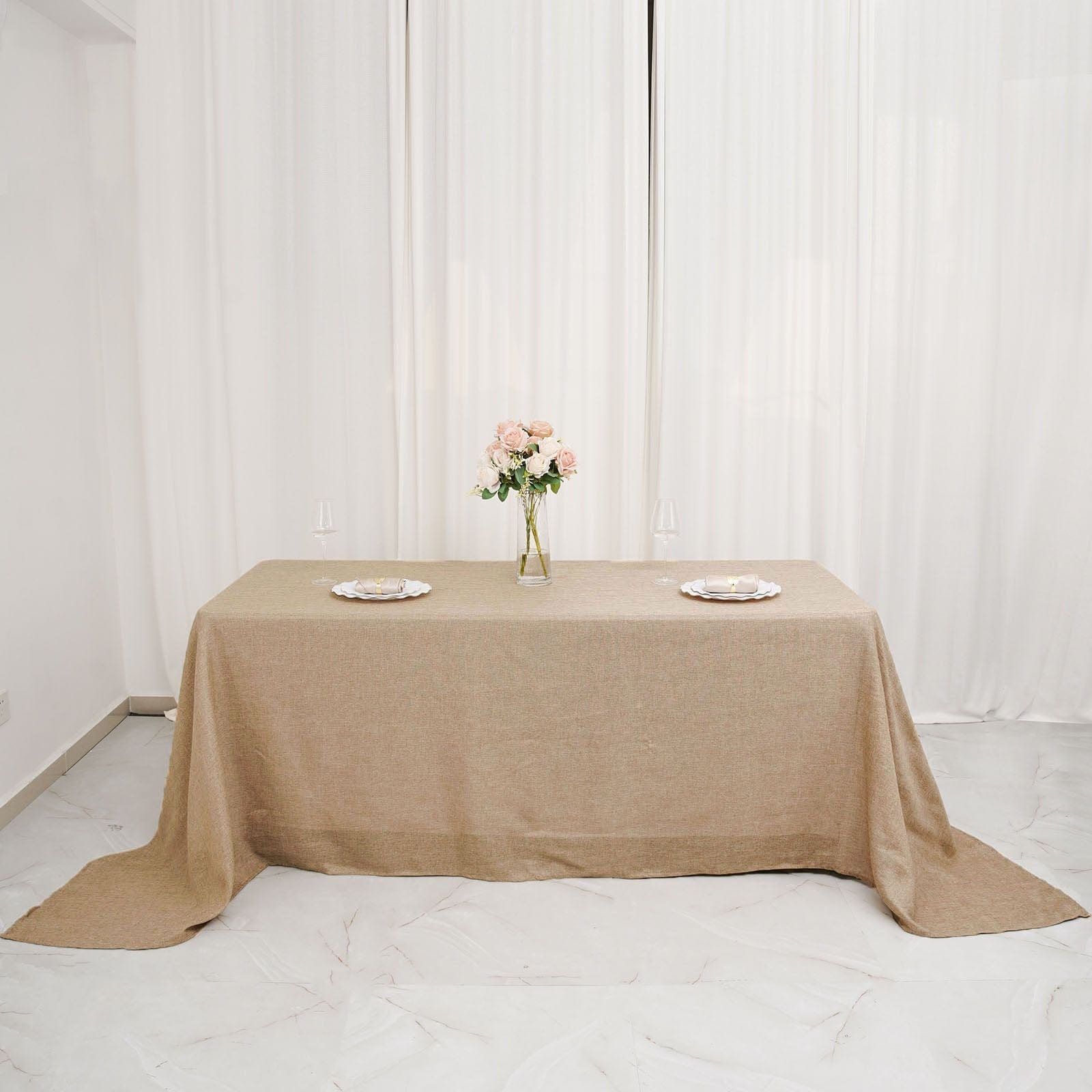 90x132 in Natural Rectangular Faux Burlap Tablecloth