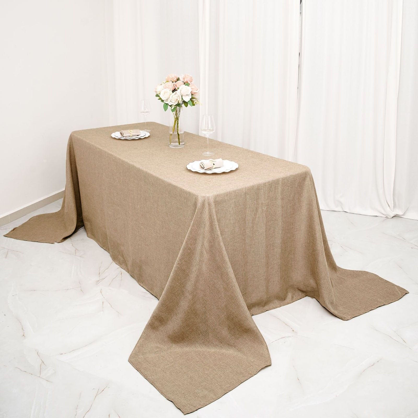 90x132 in Natural Rectangular Faux Burlap Tablecloth