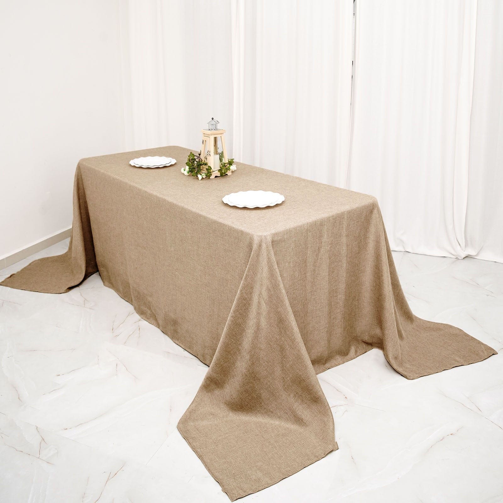 90x132 in Natural Rectangular Faux Burlap Tablecloth