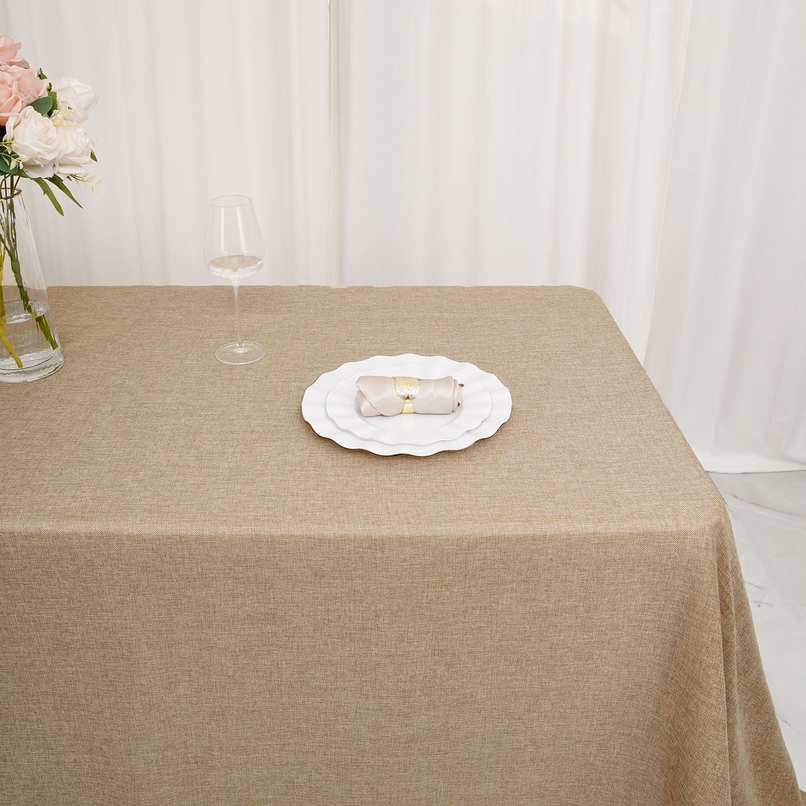 90x132 in Natural Rectangular Faux Burlap Tablecloth