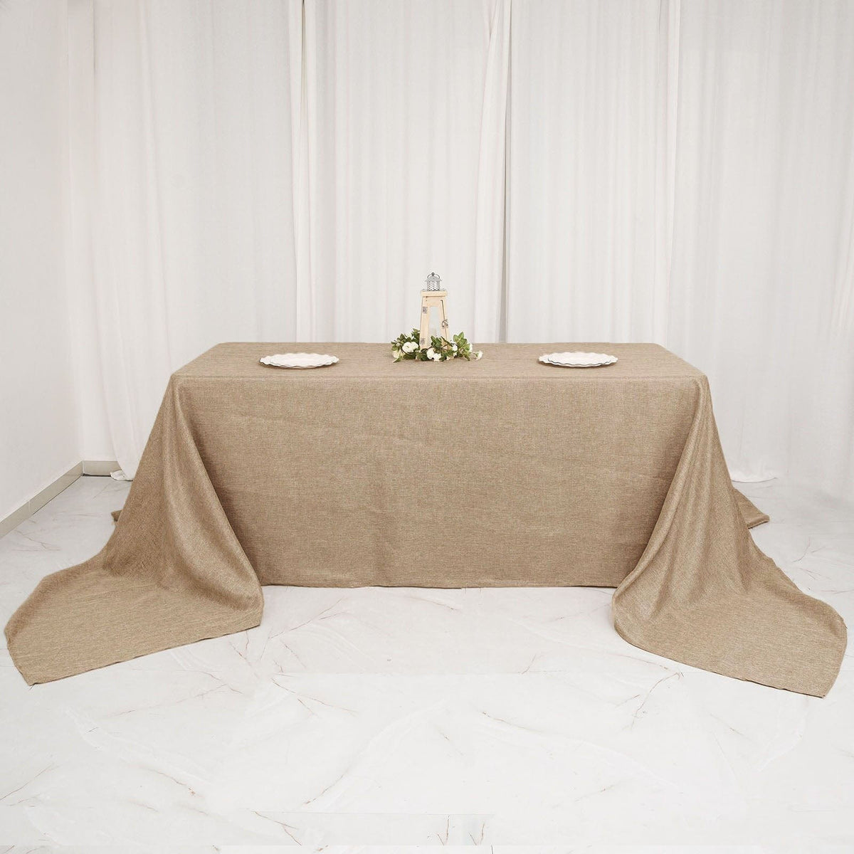 90x156 in Natural Rectangular Faux Burlap Tablecloth – Balsa Circle, LLC