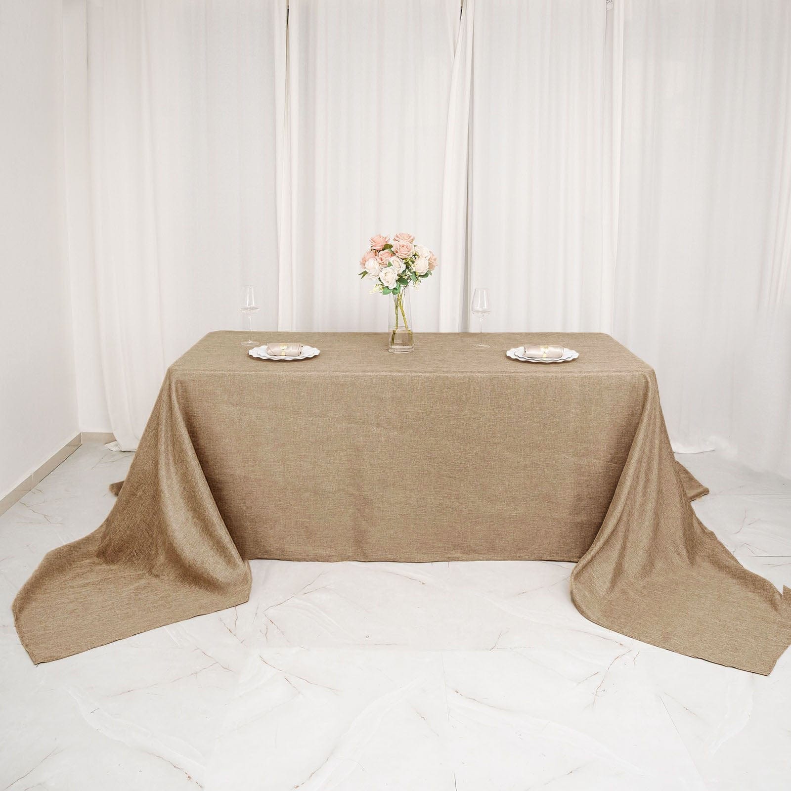 90x156 in Natural Rectangular Faux Burlap Tablecloth