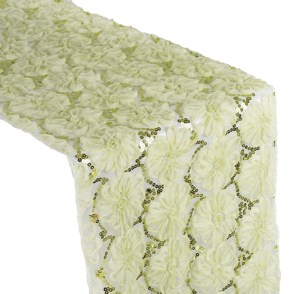 Tea Green Ribbon Flowers and Sequins on Tulle Table Runner