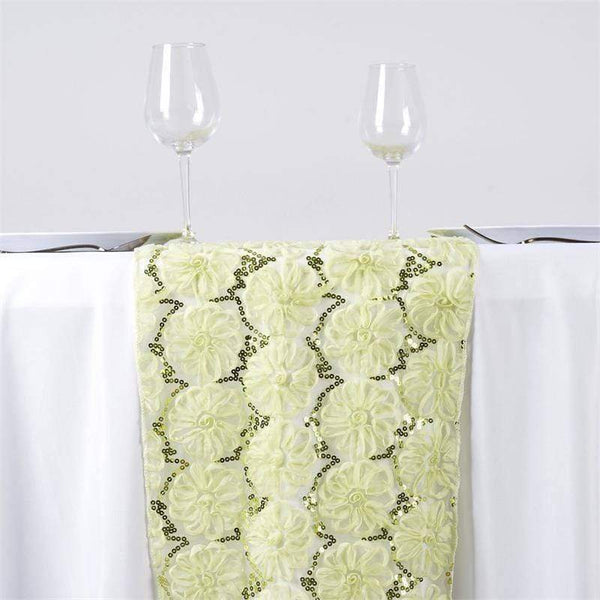 Tea Green Ribbon Flowers and Sequins on Tulle Table Runner