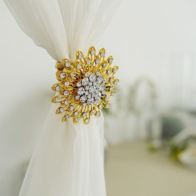2 Crystal Flower 4 in Metallic Magnetic Curtain Tie Backs Backdrop Drapery Bands