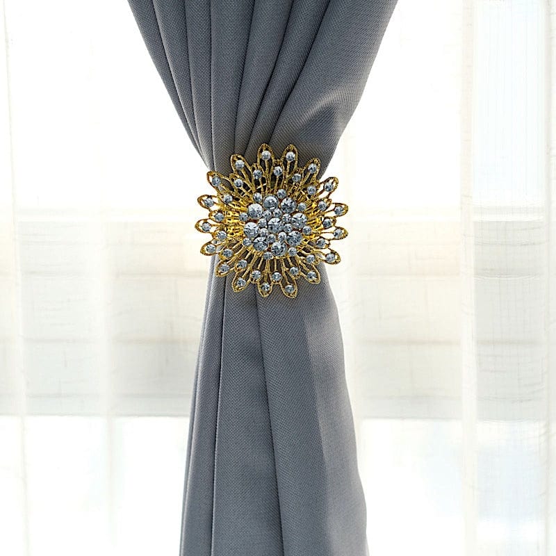 2 Crystal Flower 4 in Metallic Magnetic Curtain Tie Backs Backdrop Drapery Bands