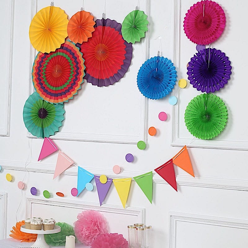 Assorted Paper Fans with Garlands and Pom Poms Wall Hanging Decorations