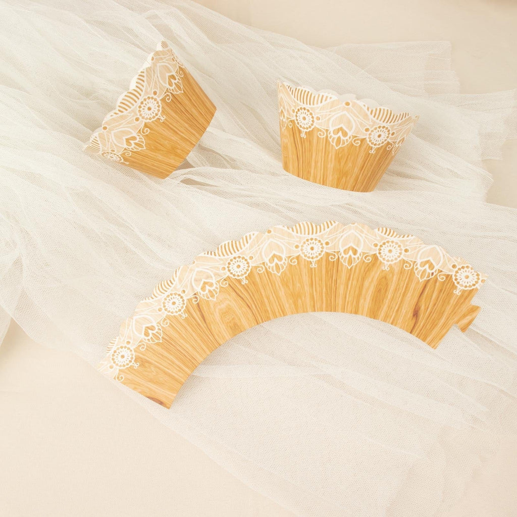 25 Natural White Paper Cupcake Wrappers Wood Lace Print Muffin Liners