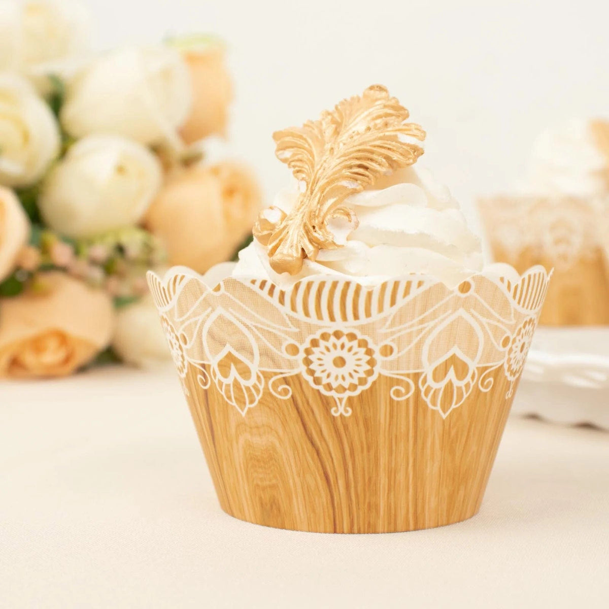 25 Natural White Paper Cupcake Wrappers Wood Lace Print Muffin Liners