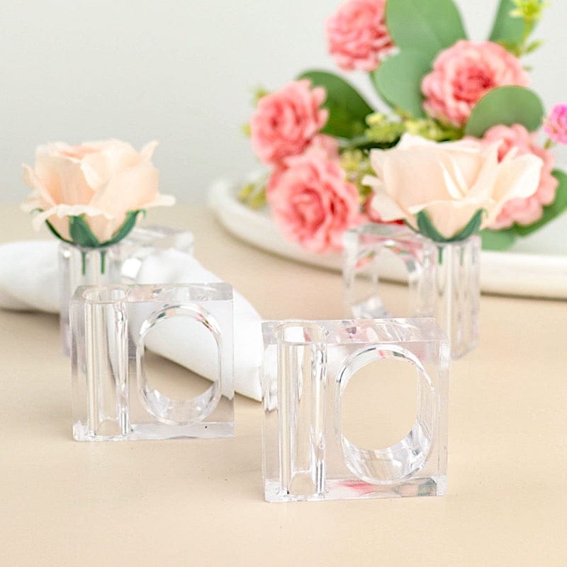 4 Clear Square Acrylic Dinner Napkin Rings with Mini Flower Holders