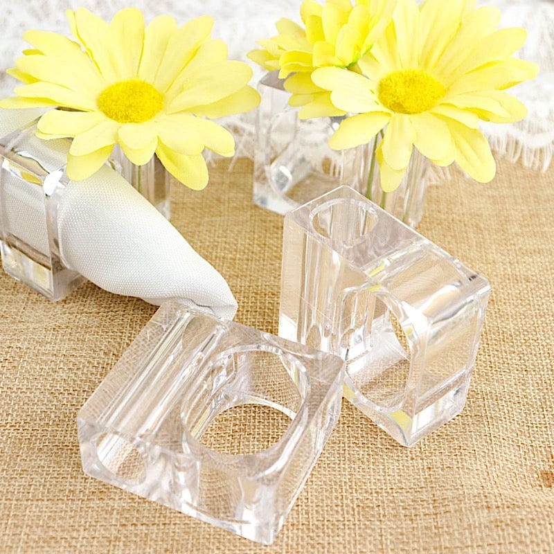 4 Clear Square Acrylic Dinner Napkin Rings with Mini Flower Holders