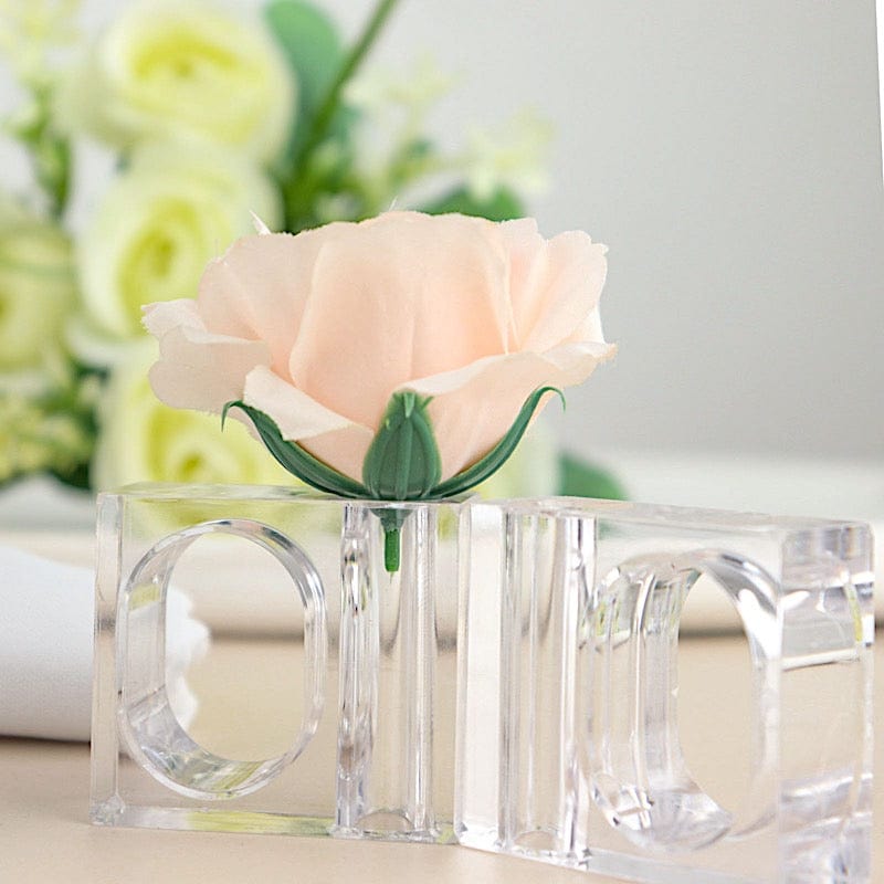 4 Clear Square Acrylic Dinner Napkin Rings with Mini Flower Holders