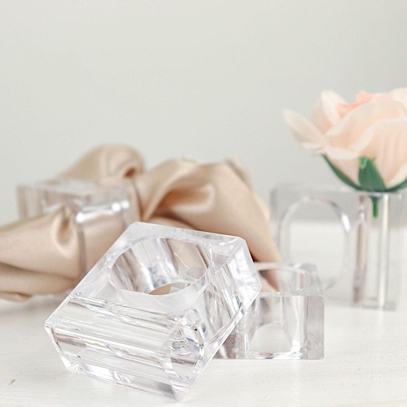 4 Clear Square Acrylic Dinner Napkin Rings with Mini Flower Holders