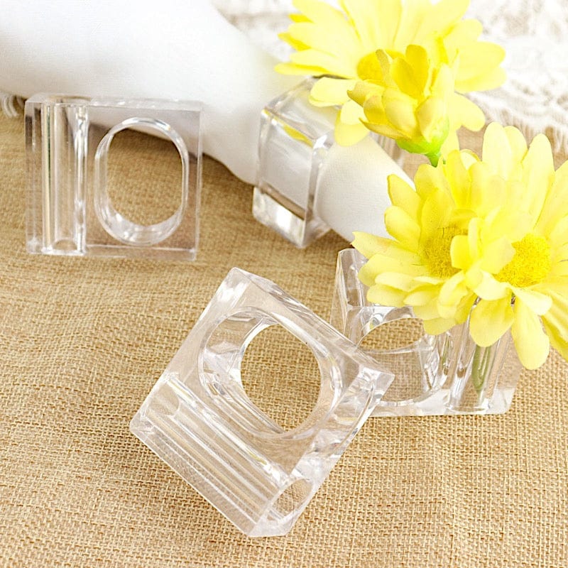 4 Clear Square Acrylic Dinner Napkin Rings with Mini Flower Holders