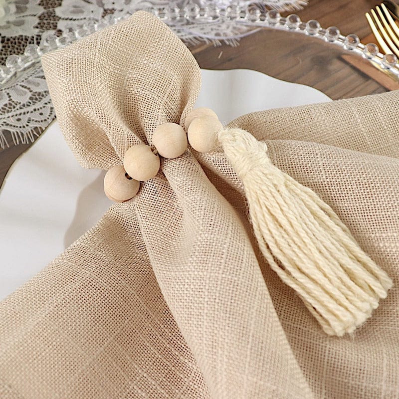 4 Round Wooden Napkin Rings with Beaded Woven Jute Tassels - Cream