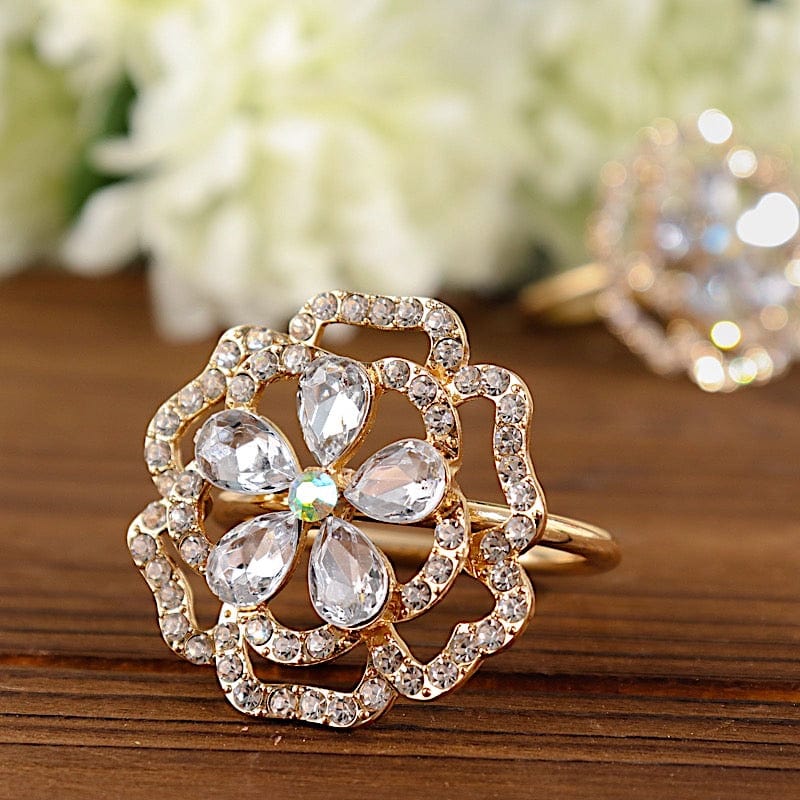 Diamond Rhinestone Gold Metal Flower Napkin Rings