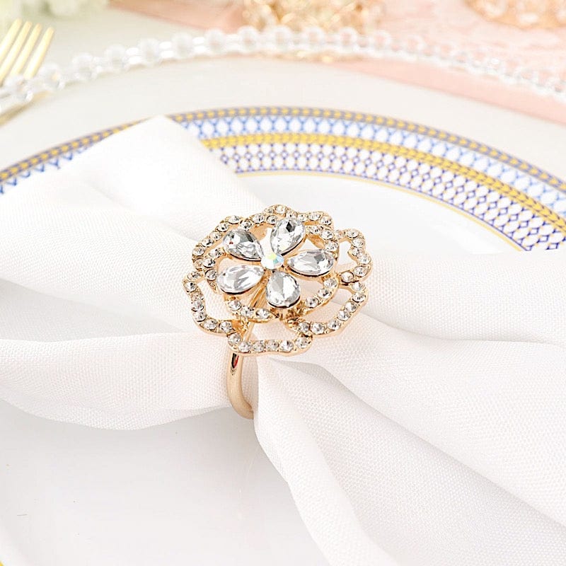 4 Gold Rose Flower Metal Dinner Napkin Rings with Rhinestones – Balsa ...