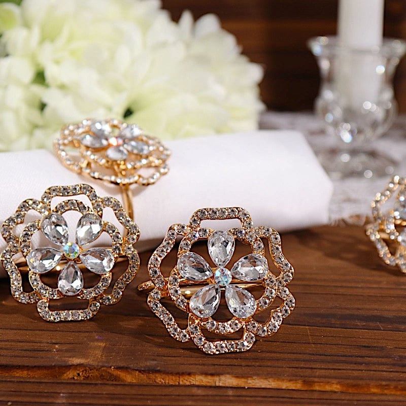 Small Dinner Rings 4 Gold Rose Flower Metal Dinner Napkin Rings with Rhinestones – Balsa ...